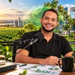 ESG no agronegócio: UNIR pesquisa empresas do G20 no RuralCast ESG no agronegócio: composição editorial com entrevistado em podcast, plantação, globo terrestre, universidade e dados de sustentabilidade.