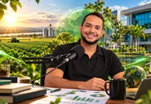 ESG no agronegócio: UNIR pesquisa empresas do G20 no RuralCast ESG no agronegócio: composição editorial com entrevistado em podcast, plantação, globo terrestre, universidade e dados de sustentabilidade.
