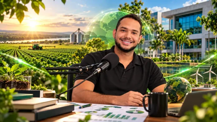 ESG no agronegócio: composição editorial com entrevistado em podcast, plantação, globo terrestre, universidade e dados de sustentabilidade.