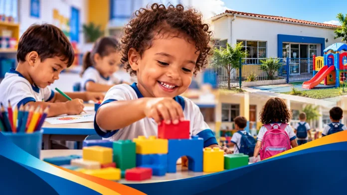 Creches em Porto Velho: composição ilustrativa com crianças em atividades educativas, brinquedos coloridos e estrutura de educação infantil.