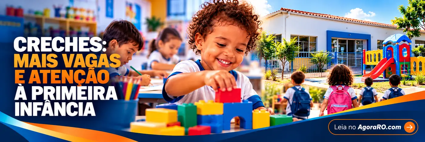 Creches em Porto Velho: composição ilustrativa com crianças brincando e aprendendo, blocos coloridos e fachada de creche com playground
