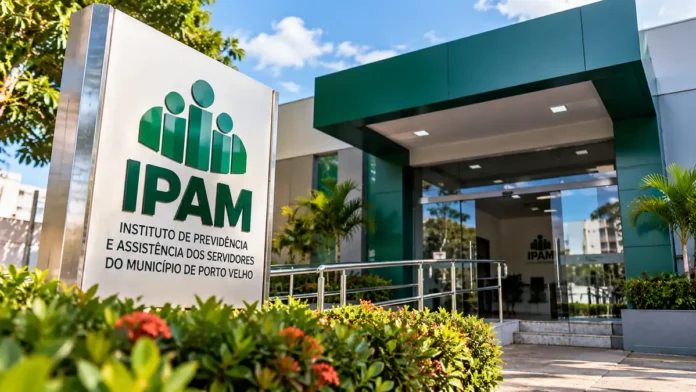 Composição digital ilustrativa da fachada do IPAM em Porto Velho para reportagem sobre o concurso público de 2026.