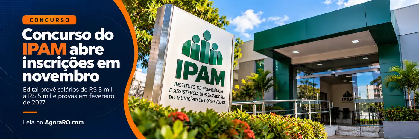Faixa ilustrativa sobre o concurso do IPAM de Porto Velho, com chamada de inscrições em novembro e assinatura Leia no AgoraRO.com.