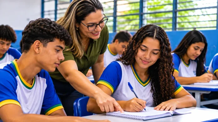 Professora orienta estudantes em sala de aula, composição ilustrativa sobre o Ensino Médio em Rondônia