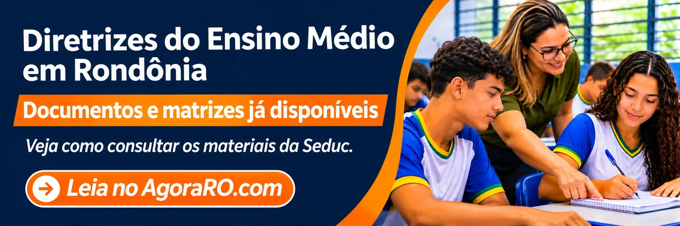 Faixa do AgoraRO sobre as diretrizes do Ensino Médio em Rondônia, com estudantes e professora em sala de aula