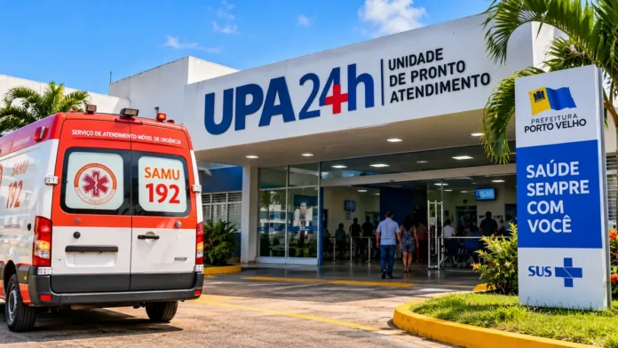 Saúde no feriadão em Porto Velho: atendimento de urgência Saúde no feriadão em Porto Velho: ilustração de UPA 24 horas com ambulância do Samu 192.
