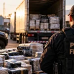 Justiça condena 18 réus da Carga Fria; penas somam mais de 374 anos Operação Carga Fria: ilustração de agente policial próximo a caminhão e volumes apreendidos