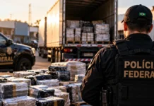 Justiça condena 18 réus da Carga Fria; penas somam mais de 374 anos Operação Carga Fria: ilustração de agente policial próximo a caminhão e volumes apreendidos