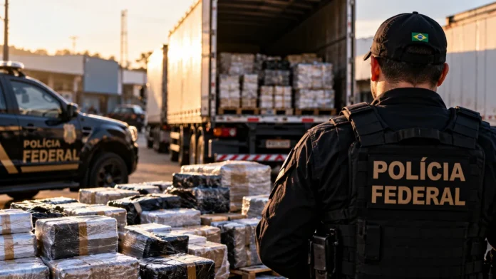 Operação Carga Fria: ilustração de agente policial próximo a caminhão e volumes apreendidos
