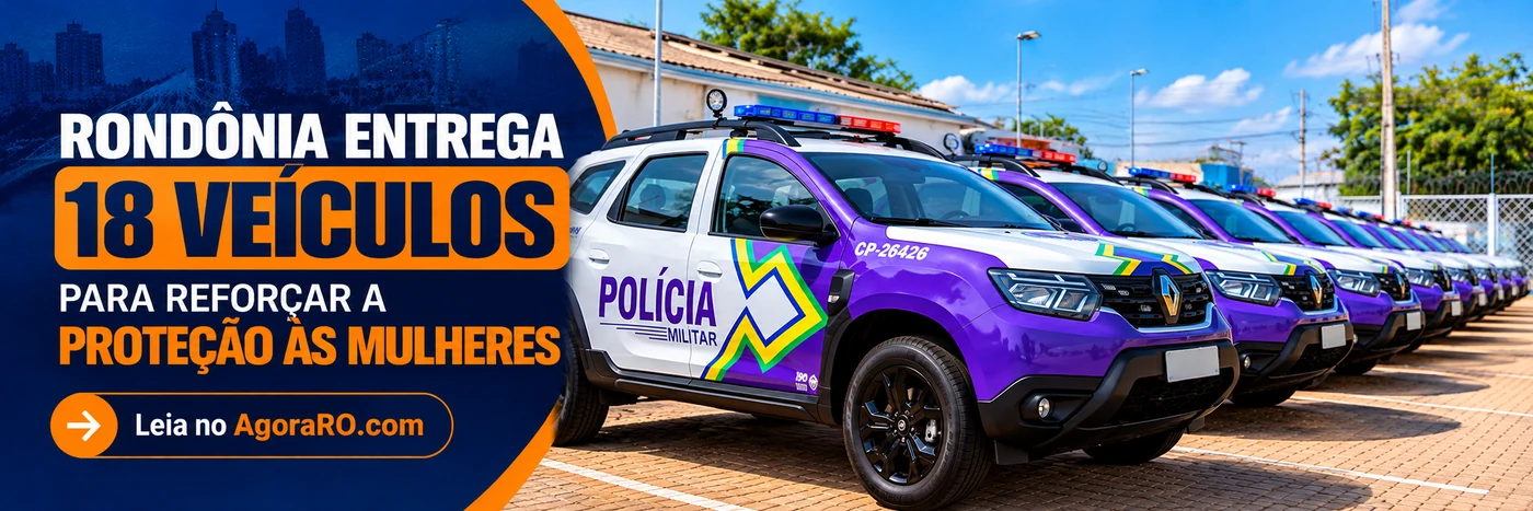 Faixa ilustrativa com viaturas roxas e brancas da Polícia Militar e chamada sobre os 18 veículos entregues em Rondônia.