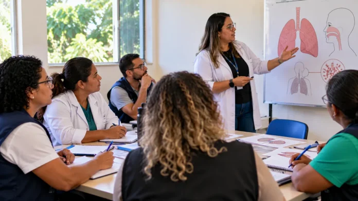 Capacitação sobre tuberculose: composição ilustrativa de profissionais de saúde em reunião de orientação sobre sintomas respiratórios em Porto Velho.