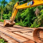Pontes rurais em Porto Velho: uma concluída e quatro previstas Pontes rurais em Porto Velho: escavadeira amarela posicionada sobre ponte de madeira em estrada vicinal de terra, cercada por vegetação.