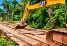 Pontes rurais em Porto Velho: uma concluída e quatro previstas Pontes rurais em Porto Velho: escavadeira amarela posicionada sobre ponte de madeira em estrada vicinal de terra, cercada por vegetação.