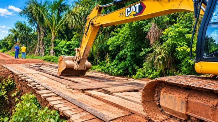 Pontes rurais em Porto Velho: escavadeira amarela posicionada sobre ponte de madeira em estrada vicinal de terra, cercada por vegetação.