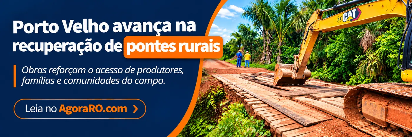 Faixa sobre pontes rurais em Porto Velho, com escavadeira sobre estrutura de madeira e chamada da recuperação de pontes.