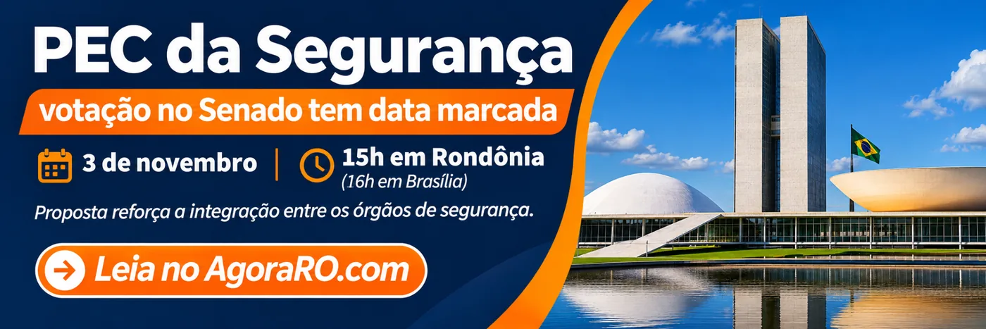 Faixa do AgoraRO informa votação prevista para 3 de novembro às 15h em Rondônia, diante de imagem ilustrativa do Congresso Nacional.