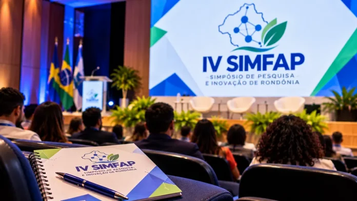 Composição ilustrativa de auditório do IV Simfap em Porto Velho, com programação de pesquisa e inovação