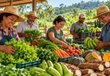 PNAE muda critérios de compra e prioriza agricultores locais Agricultura familiar no PNAE: produtores organizam hortaliças, bananas, mandioca e abóboras em composição ilustrativa sobre alimentação escolar.