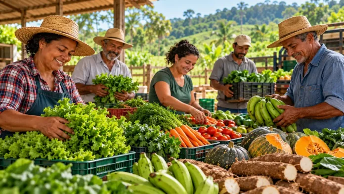 Agricultura familiar no PNAE: produtores organizam hortaliças, bananas, mandioca e abóboras em composição ilustrativa sobre alimentação escolar.