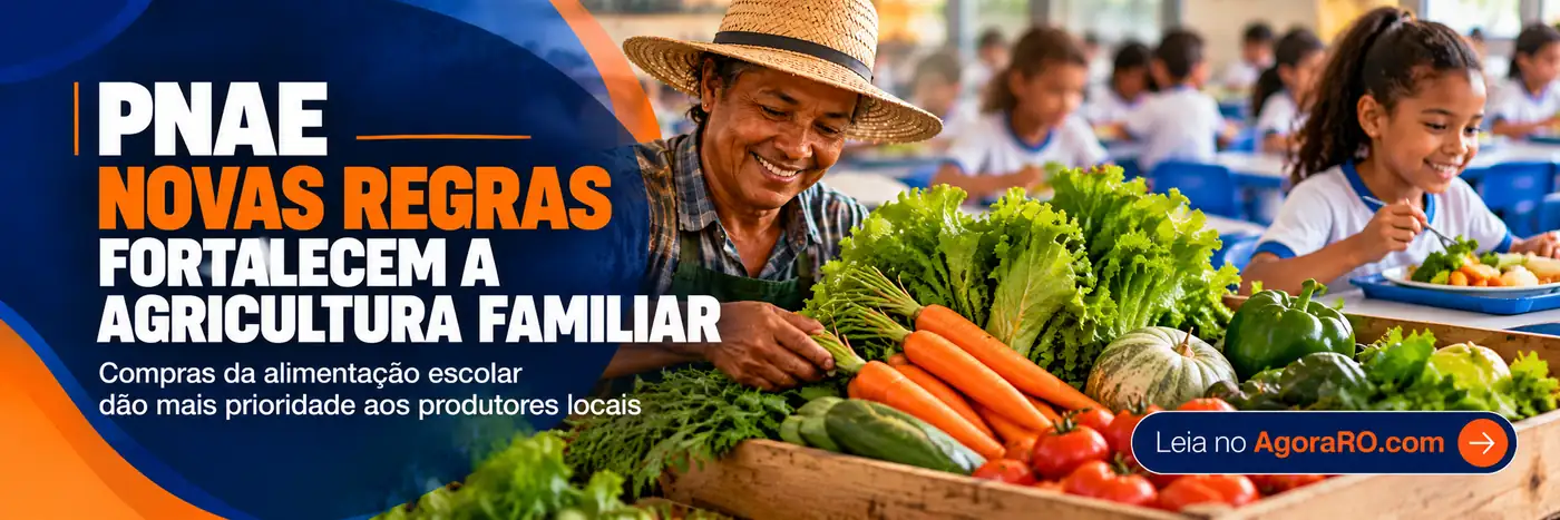 Agricultura familiar no PNAE: agricultor organiza hortaliças em arte ilustrativa com estudantes na escola e assinatura Leia no AgoraRO.com.