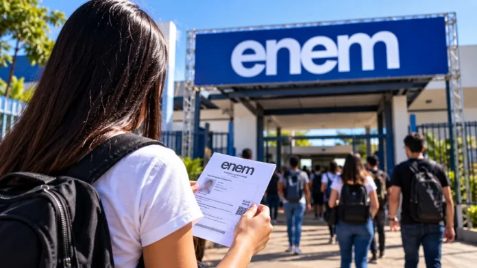 Estudante com cartão de inscrição do Enem 2026 diante de uma entrada ilustrativa de local de prova