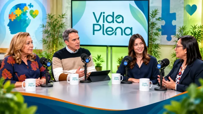 Composição ilustrativa do programa Vida Plena com quatro participantes debatendo TDAH e autismo, diagnóstico, terapias e inclusão escolar.