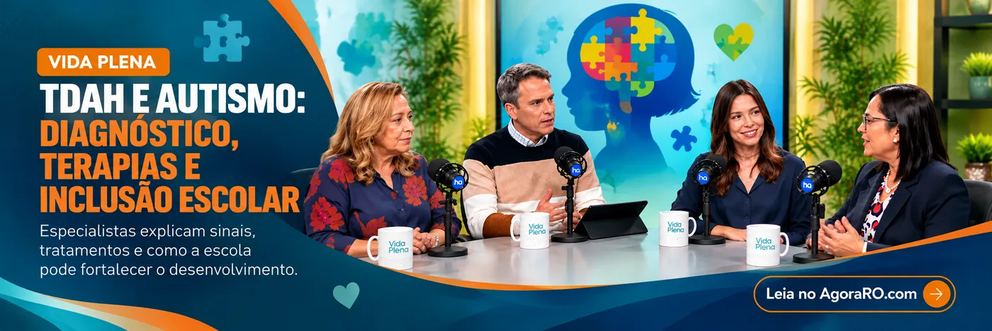 Faixa ilustrativa com quatro participantes do Vida Plena em estúdio e chamada sobre diagnóstico, terapias e inclusão escolar