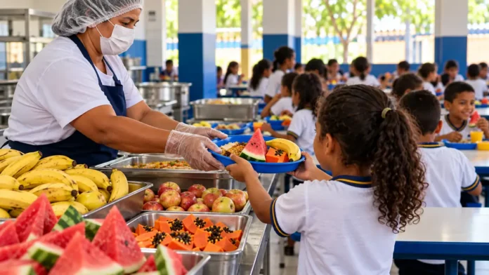 Lanche Extra em Porto Velho: estudante recebe alimentação escolar com frutas em refeitório da rede municipal.