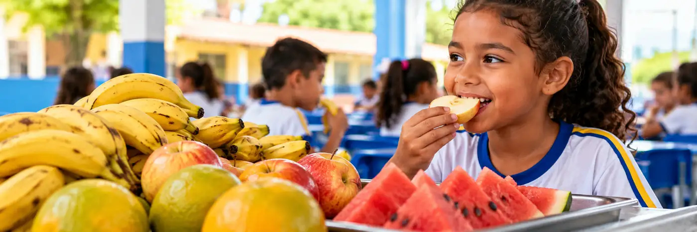 Criança em refeitório escolar ilustrativo come fruta diante de bananas, maçãs e melancias.