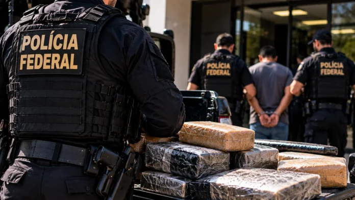 Operação Carga Fria: Justiça condena 18 integrantes Operação Carga Fria em ilustração de policiais federais e pacotes apreendidos; condenação de 18 integrantes