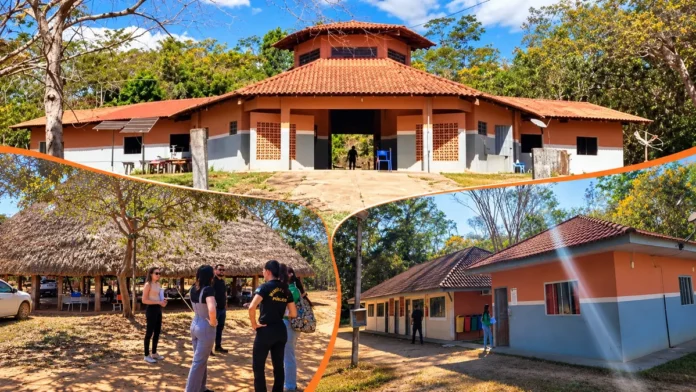 Educação infantil indígena em Cacoal: composição de três fotografias fornecidas, mostrando instalações e visita de representantes institucionais.