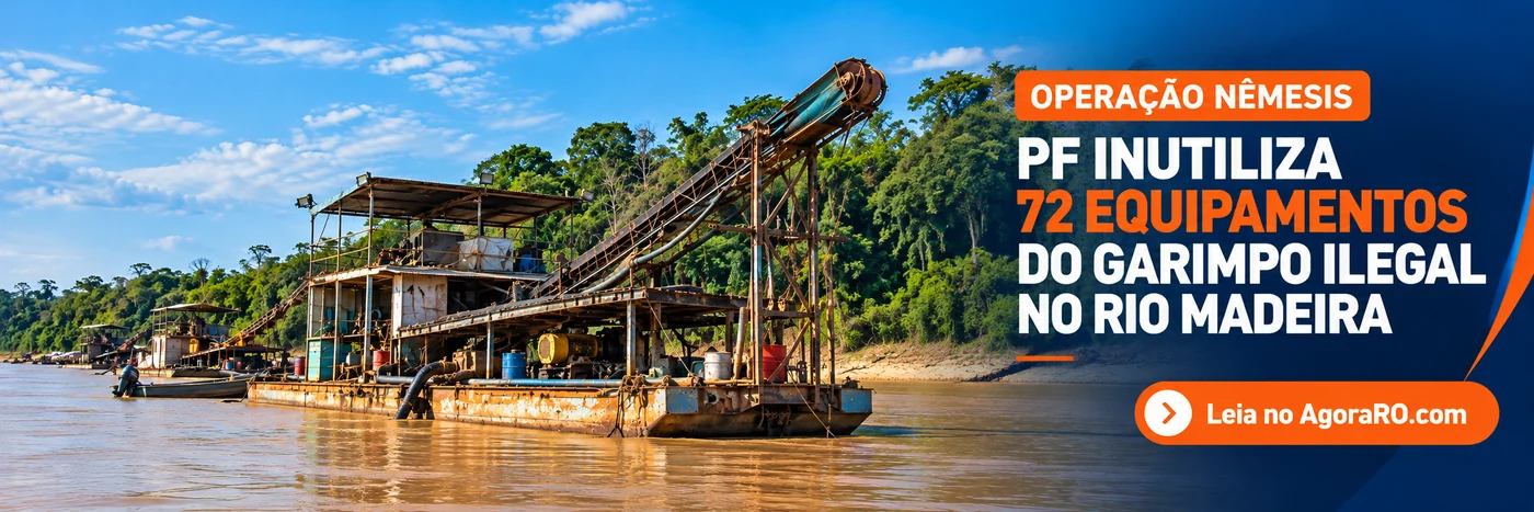 Faixa ilustrativa com equipamentos de garimpo em rio amazônico e texto sobre os 72 bens inutilizados.