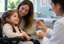 Anvisa aprova Evrysdi Go em comprimido para tratar AME 5q Evrysdi Go: composição ilustrativa de consulta médica com criança em cadeira de rodas, acompanhante e profissional de saúde apresentando um comprimido.
