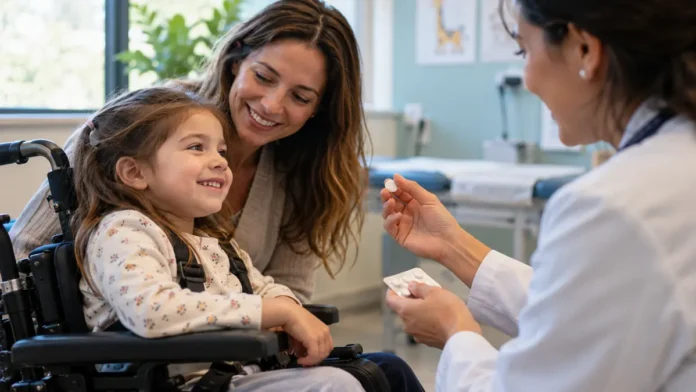 Evrysdi Go: composição ilustrativa de consulta médica com criança em cadeira de rodas, acompanhante e profissional de saúde apresentando um comprimido.