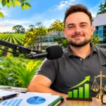 RuralCast: UNIR debate currículo e tecnologia na contabilidade Contador do futuro: composição ilustrativa de entrevista do RuralCast, com convidado ao microfone, livros, calculadora, gráficos e cenário universitário.