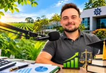 RuralCast: UNIR debate currículo e tecnologia na contabilidade Contador do futuro: composição ilustrativa de entrevista do RuralCast, com convidado ao microfone, livros, calculadora, gráficos e cenário universitário.