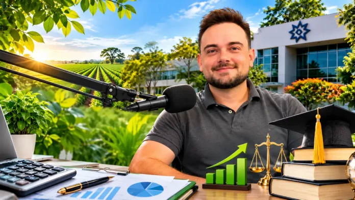 Contador do futuro: composição ilustrativa de entrevista do RuralCast, com convidado ao microfone, livros, calculadora, gráficos e cenário universitário.