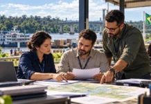 Adicional de fronteira de R$ 191 vai à sanção; veja regras Adicional de fronteira: composição ilustrativa de servidores analisando documentos e mapa junto a um cenário fluvial amazônico.