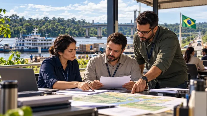 Adicional de fronteira: composição ilustrativa de servidores analisando documentos e mapa junto a um cenário fluvial amazônico.