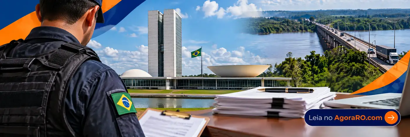 Adicional de fronteira: faixa ilustrativa com agente federal de costas, arquitetura de Brasília, ponte amazônica e assinatura Leia no AgoraRO.com.