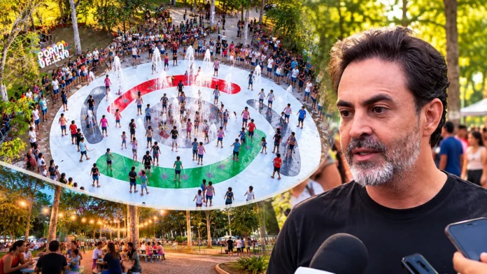 Composição editorial do Parque Circuito com fonte interativa e entrevista durante a reabertura
