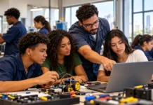 PL 5.651/2026 propõe qualificação e emprego para jovens Qualificação de jovens em oficina técnica ilustrativa, com instrutor orientando estudantes em atividades de robótica e informática.
