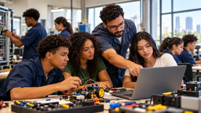 Qualificação de jovens em oficina técnica ilustrativa, com instrutor orientando estudantes em atividades de robótica e informática.