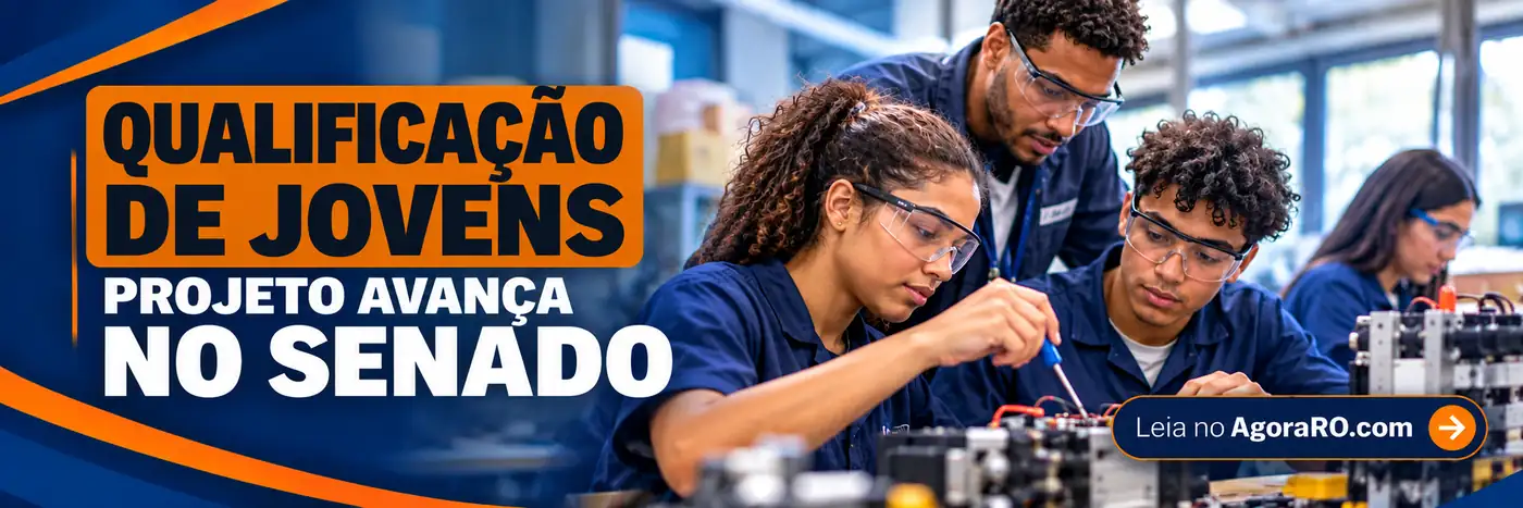 Faixa de qualificação de jovens com estudantes e instrutor em atividade técnica, ilustrando proposta do PL 5.651/2026.