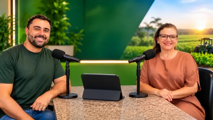 Reforma tributária no agro: composição ilustrativa de Elba Araújo e Charles Carminati em entrevista com microfones, diante de cenário agrícola.