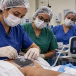 Hospital de Base capacita enfermeiros para curativo a vácuo Enfermeiros em capacitação sobre curativo a vácuo no Hospital de Base, com demonstração da terapia por pressão negativa.
