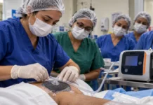 Hospital de Base capacita enfermeiros para curativo a vácuo Enfermeiros em capacitação sobre curativo a vácuo no Hospital de Base, com demonstração da terapia por pressão negativa.