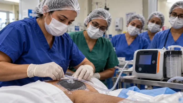 Hospital de Base capacita enfermeiros para curativo a vácuo Enfermeiros em capacitação sobre curativo a vácuo no Hospital de Base, com demonstração da terapia por pressão negativa.