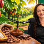 Cacau de Rondônia: Mileni explica rastreabilidade no RuralCast Cacau de Rondônia: imagem editorial com pesquisadora em ambiente de entrevista, microfone e frutos de cacau abertos sobre a mesa.
