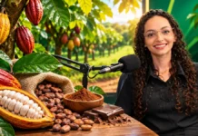 Cacau de Rondônia: Mileni explica rastreabilidade no RuralCast Cacau de Rondônia: imagem editorial com pesquisadora em ambiente de entrevista, microfone e frutos de cacau abertos sobre a mesa.